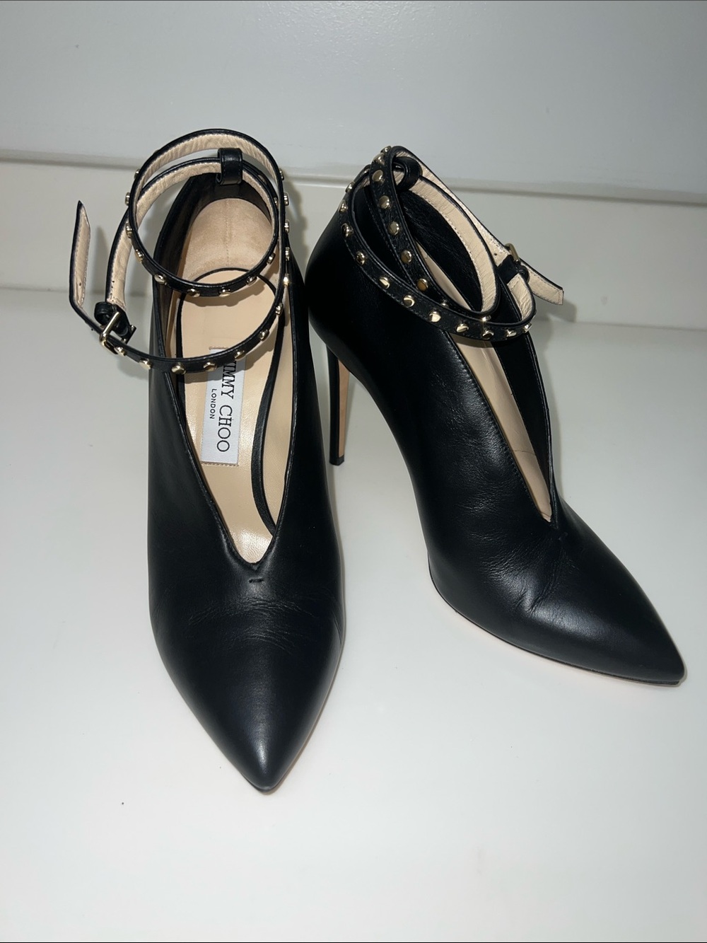 Jimmy Choo Black Leather Pointed T-Strap Studded Pumps
